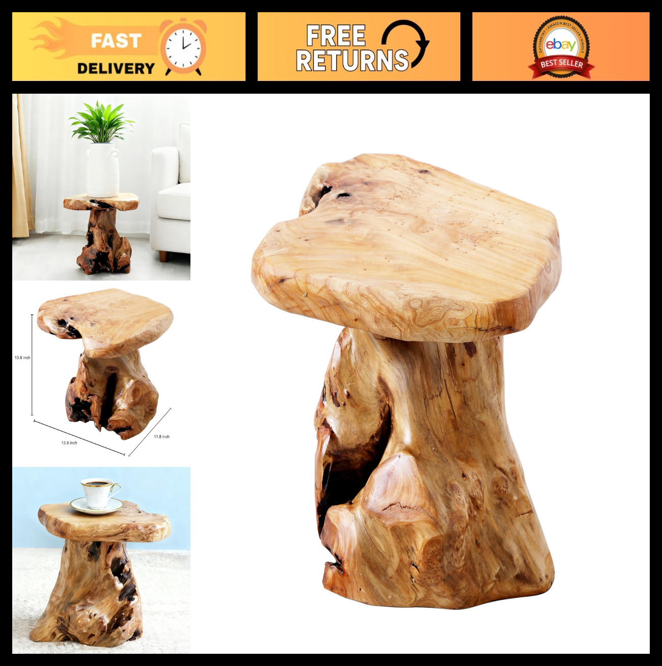 Natural Cedar Stump Stool 13.8″ – Rustic Wooden Side Table, Plant Stand, Live Ed