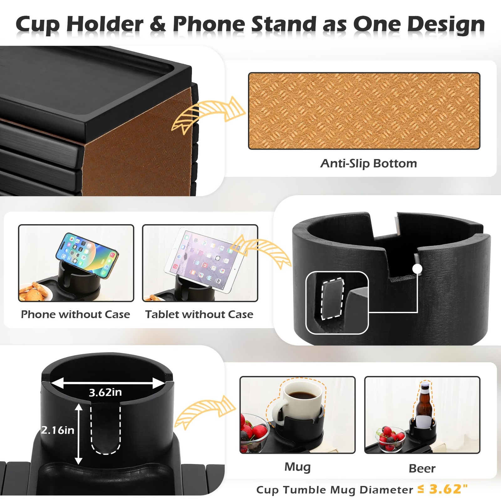 BAMTRAY Couch Cup Holder Tray, 15.75″ Bamboo Cup Holder for Couch, 3 in 1 Fol…