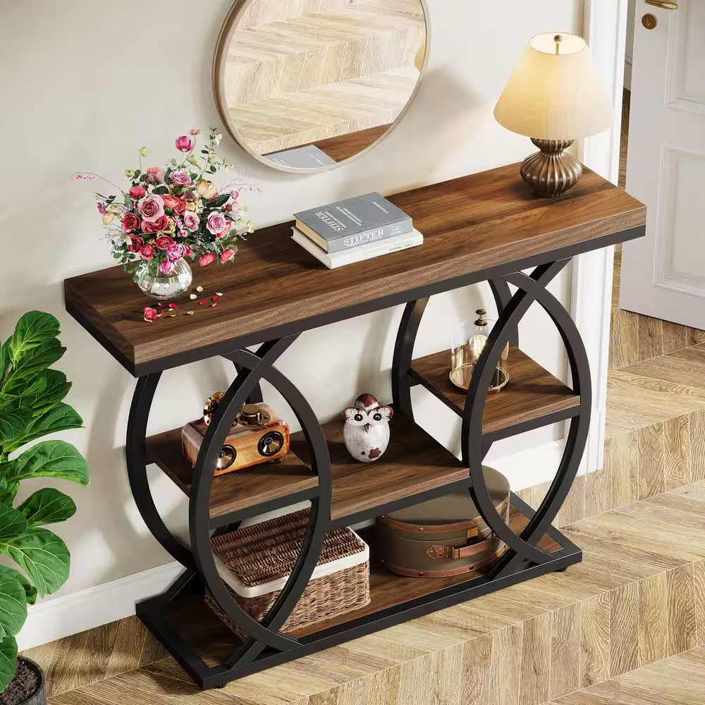 Turrella 39 In. Rustic Brown Rectangle Wood Console Table with Display Shelves,