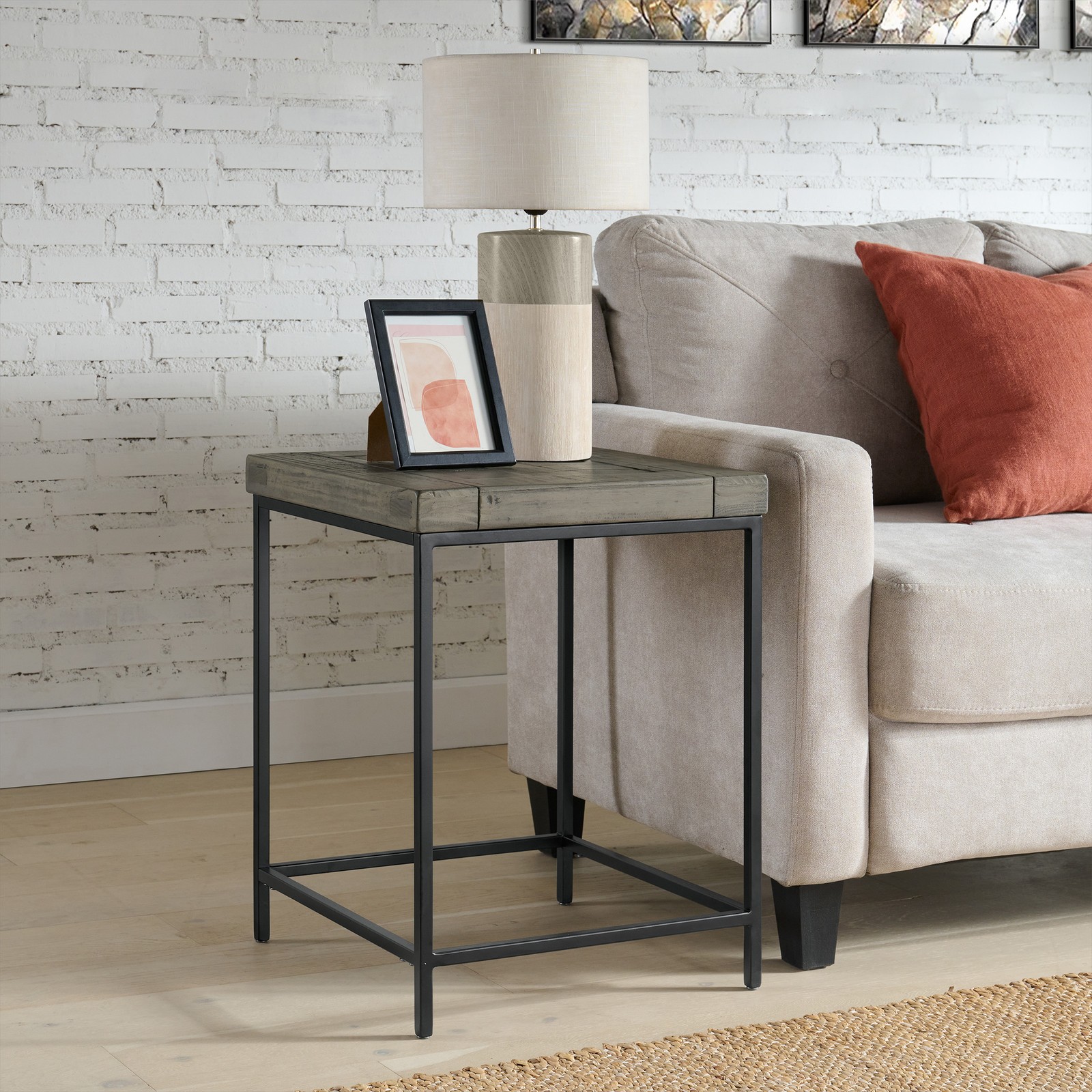 End Table Industrial Modern Side Table Wood Top Metal Frame for All Room, Gray