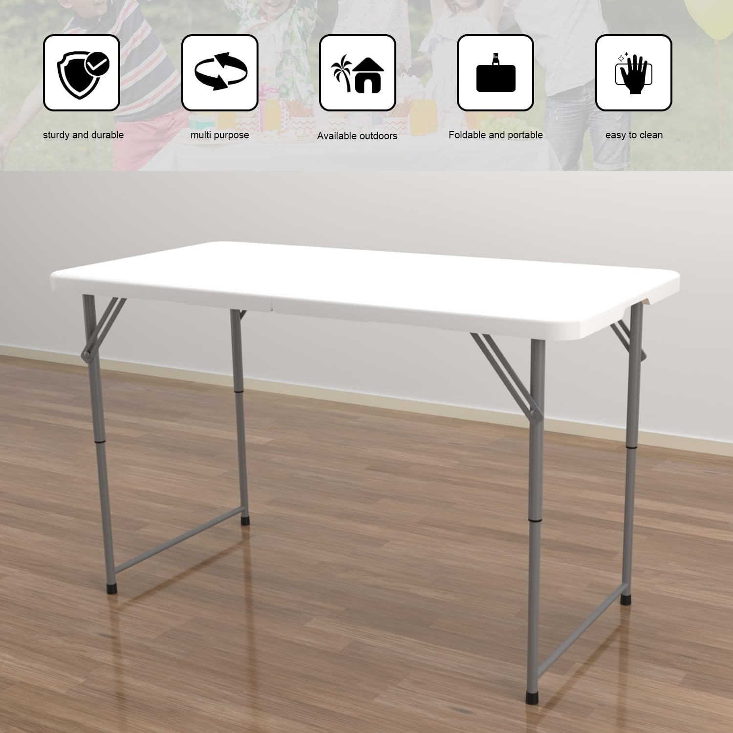 4FT Adjustable Heavy Duty Folding Table – Portable White Table for Camping & Par