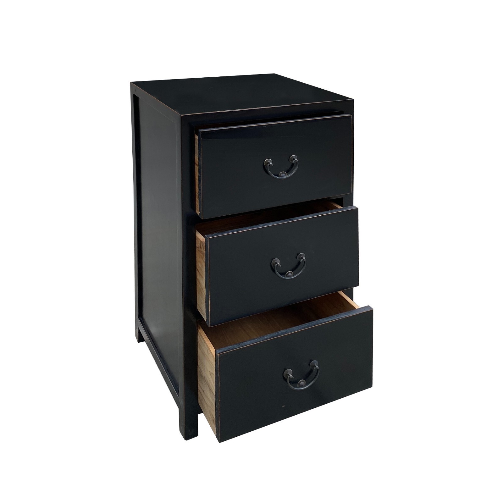 Oriental Black Lacquer 3 Drawers End Table Nightstand Cabinet cs7494