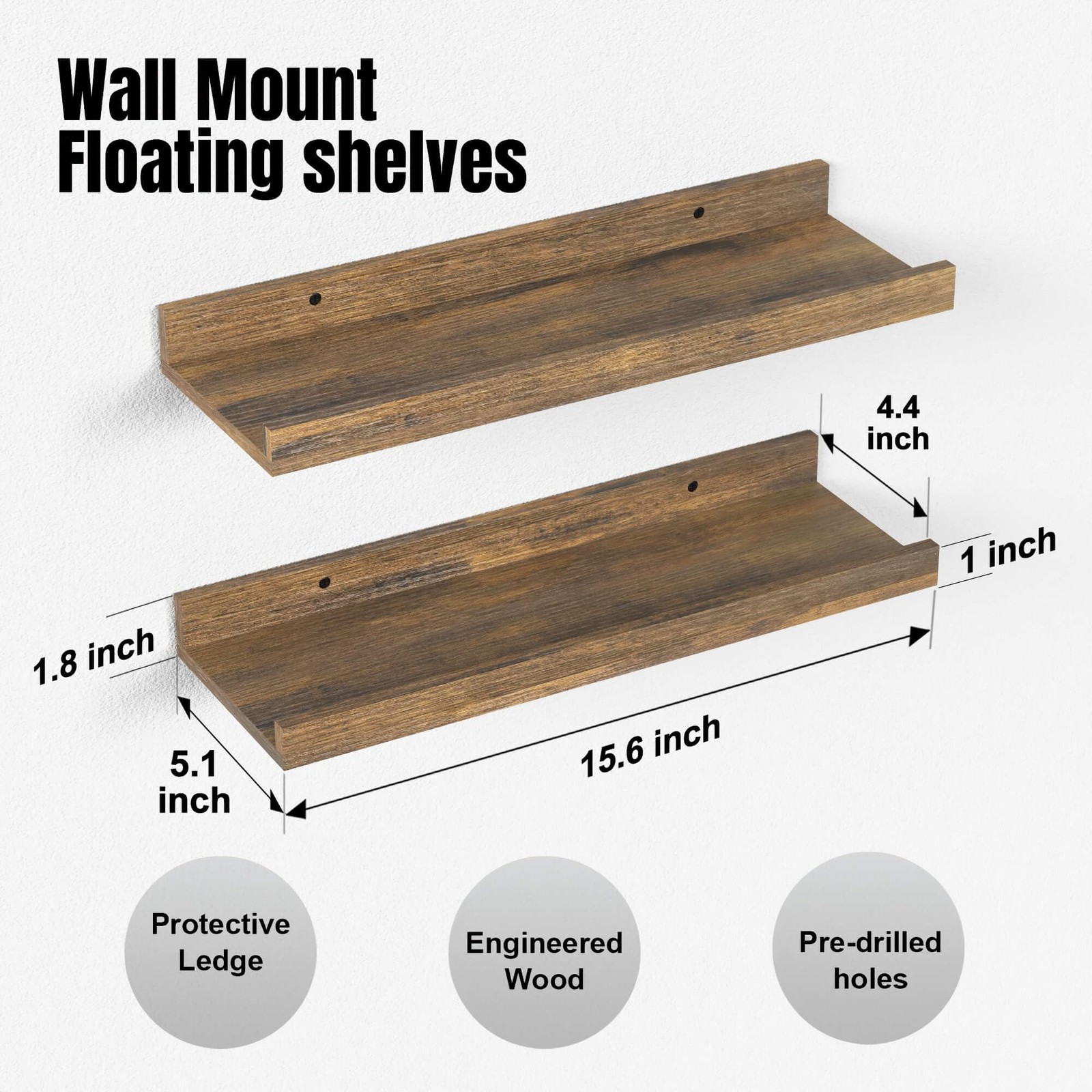 Boswillon Floating Shelves for Wall, Wall Mounted Set 15.7 In, Brown