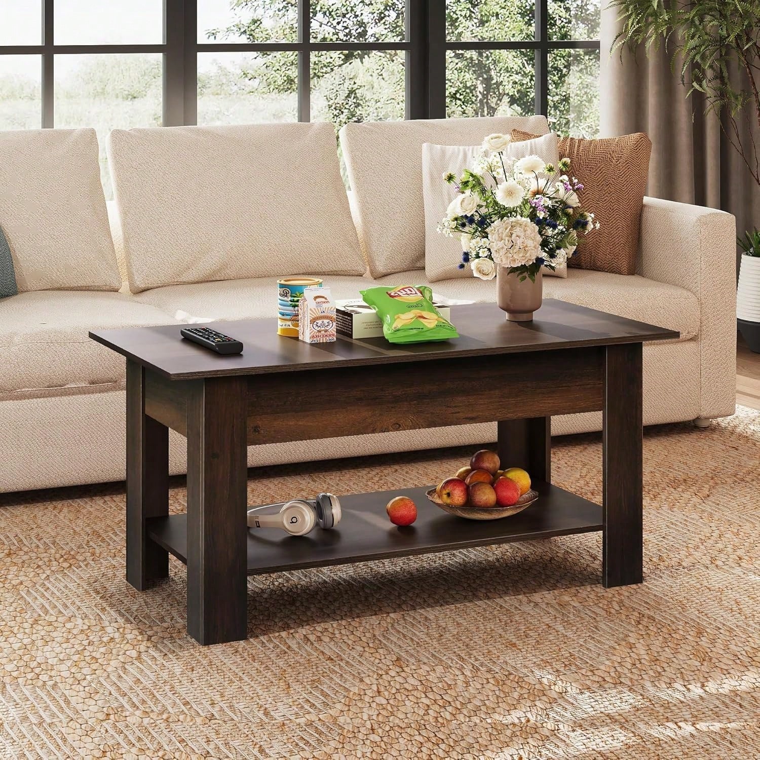 39in Lift Top Coffee Table Hidden Storage Shelf for Living Room Rustic Wood
