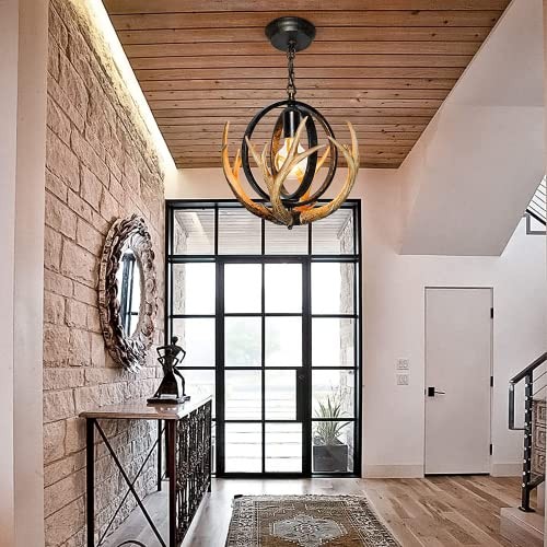 Rustic Antler Chandelier, 14″ Farmhouse Chandelier with Resin 4 Antlers 1 light