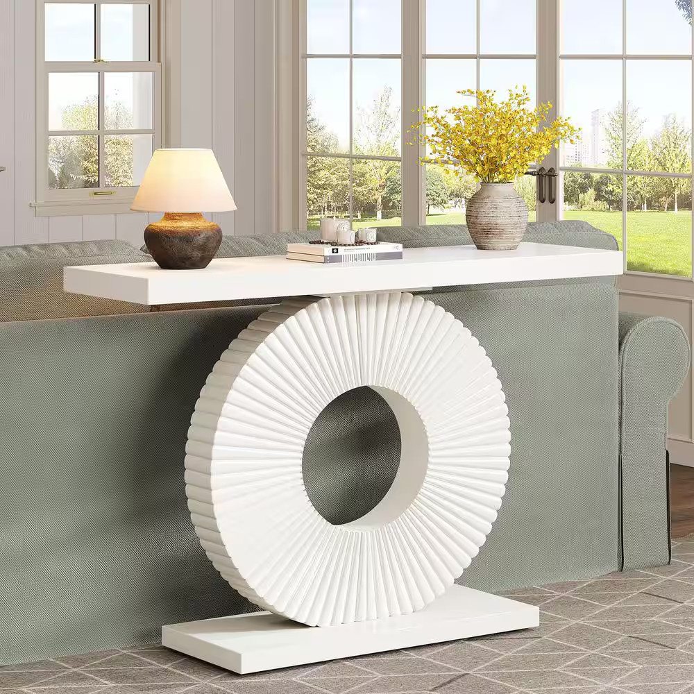 Turrella 39 In. White Rectangle Engineered Wood Console Table with O Shaped Base