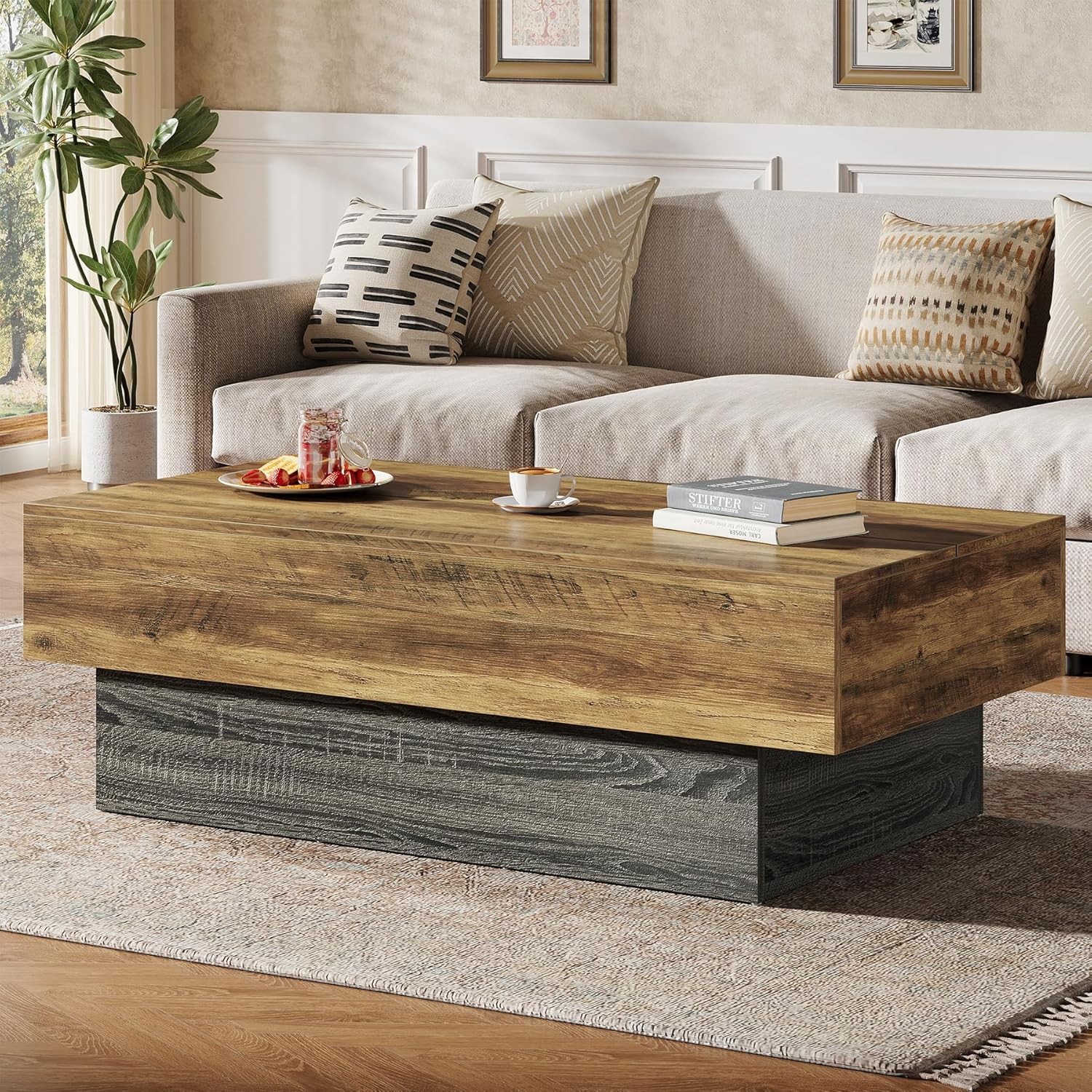 55-Inch Farmhouse Wood Coffee Table, Large Rectangle Tea Table for Living Room