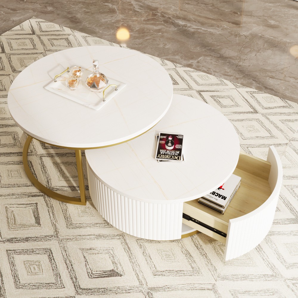 Round Nesting Coffee Table with Grooved Drawers