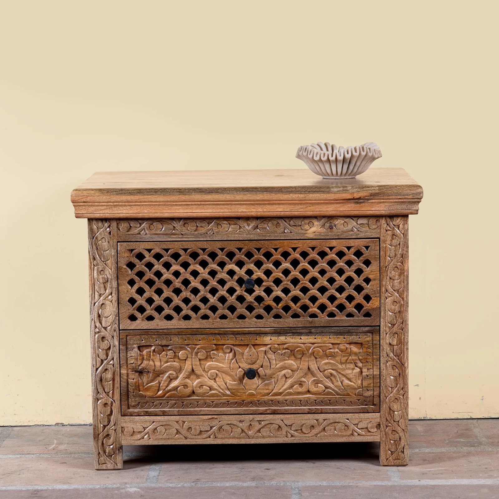 Artisan Handmade Bedside Table Solid Wood Hand Carved 44.5 × 39.5 × 59 cm