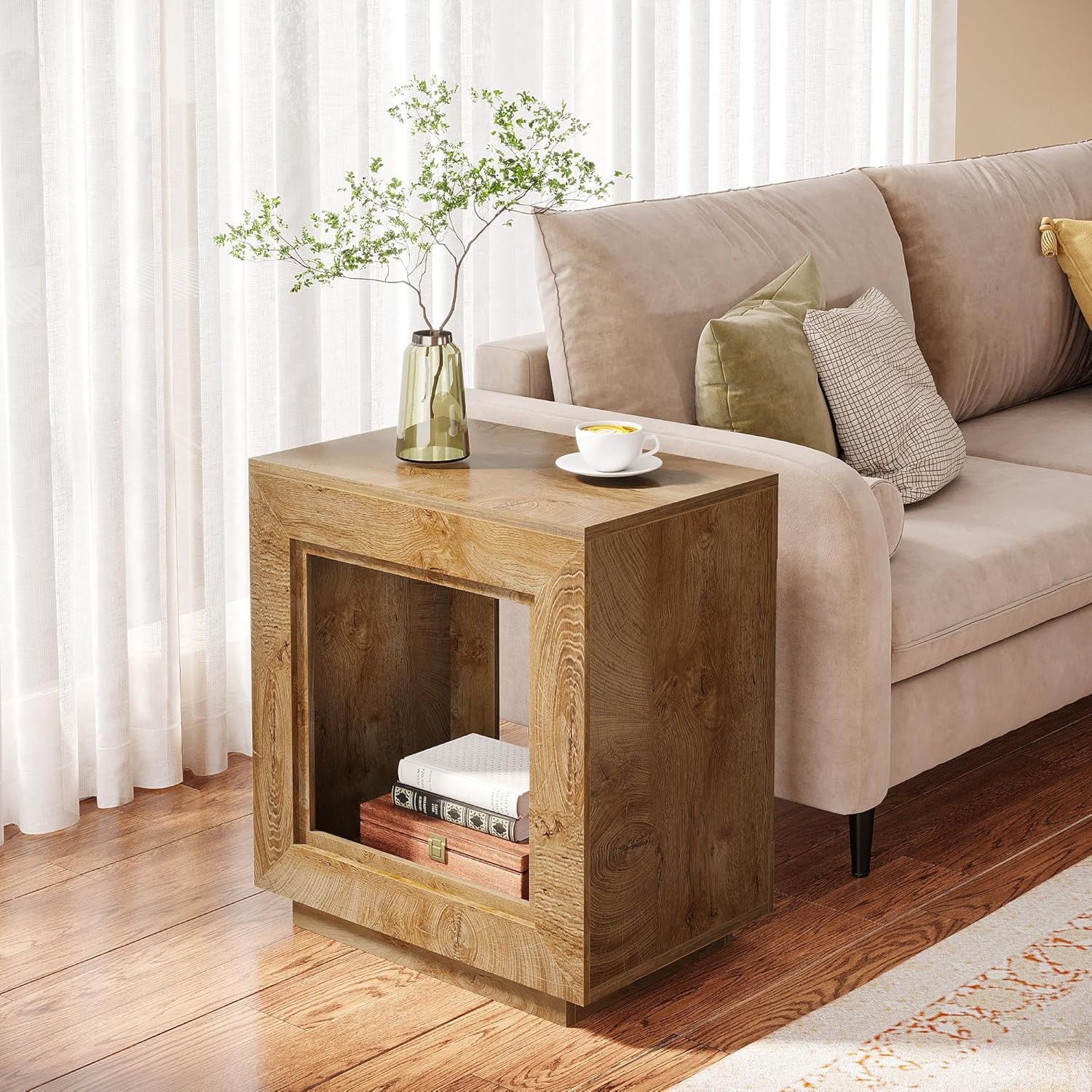 Rustic Wood End Table, 2-Tier Square Side Table with Storage for Living Room
