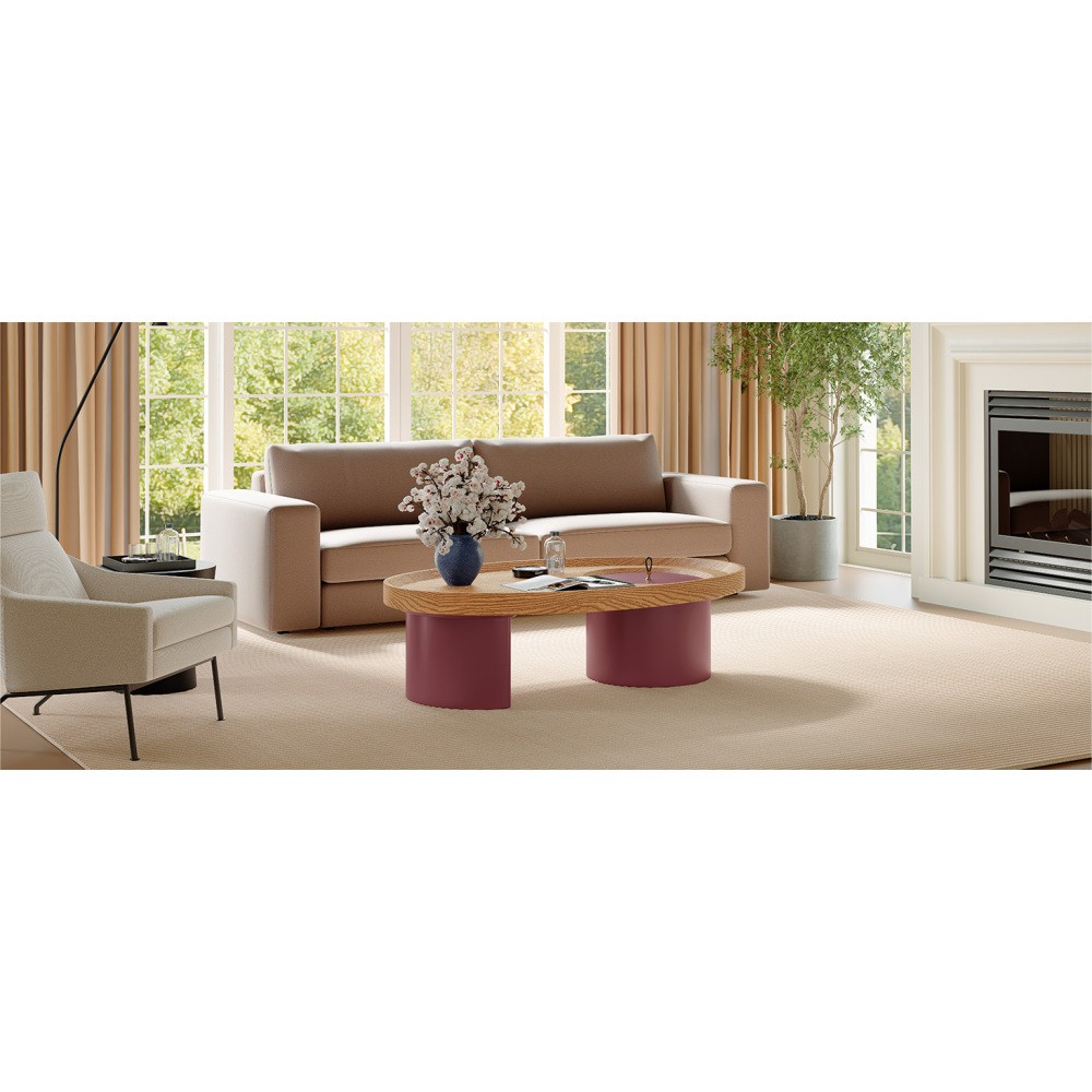 45.3″ Oval Wood Coffee Table, Walnut Top Red Legs with Storage, Mid-Century
