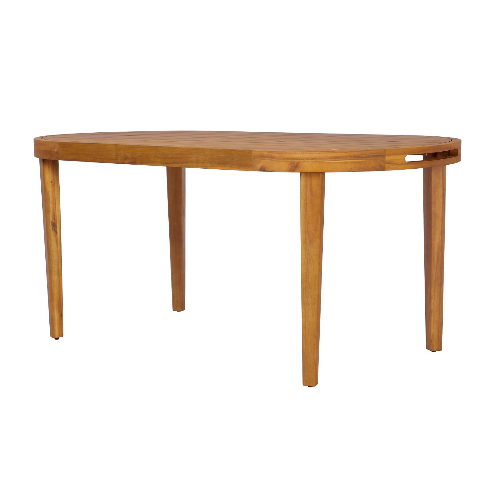 70″ Oval Acacia Wood Outdoor Dining Table with Slatted Top, Teak Finish