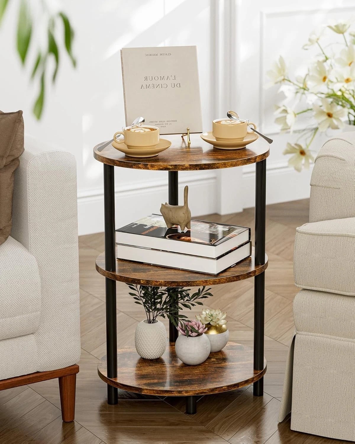Versatile 3-Tier Round End Table – Rustic Wood Finish & Metal Frame for Any Room