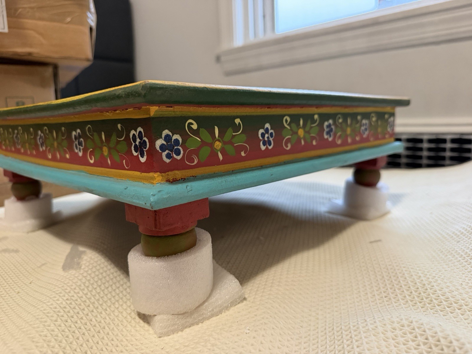 Square Hand-Painted Floral Wood Coffee Table, Multicolor, Made in India