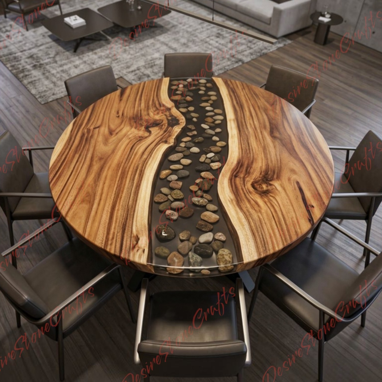 Luxury Black Resin River Stone Round Dining Table Live Edge Wood Epoxy Table
