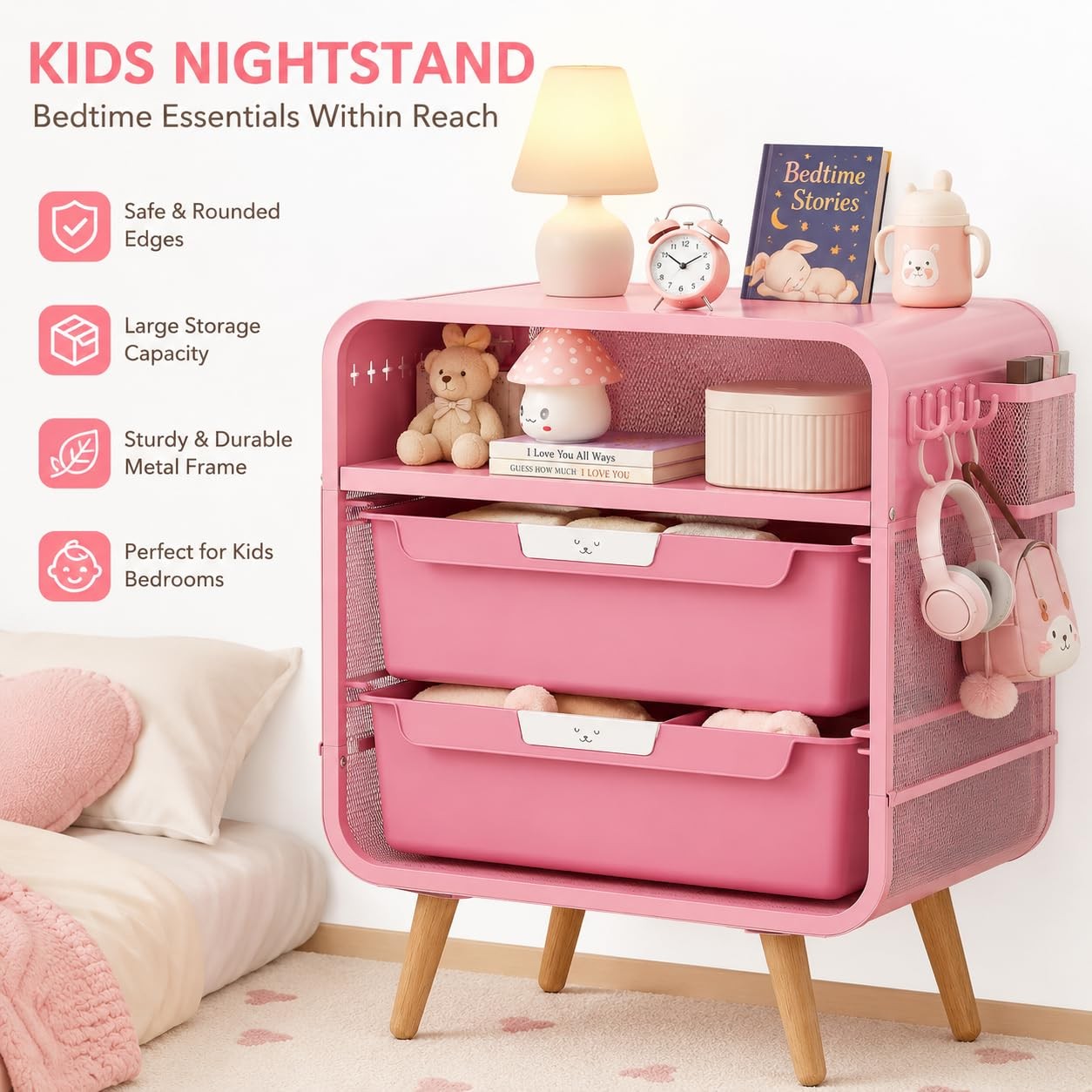 Pink Nightstand, Cute End Table with Storage Drawer, Kids Nightstand for Bedr…