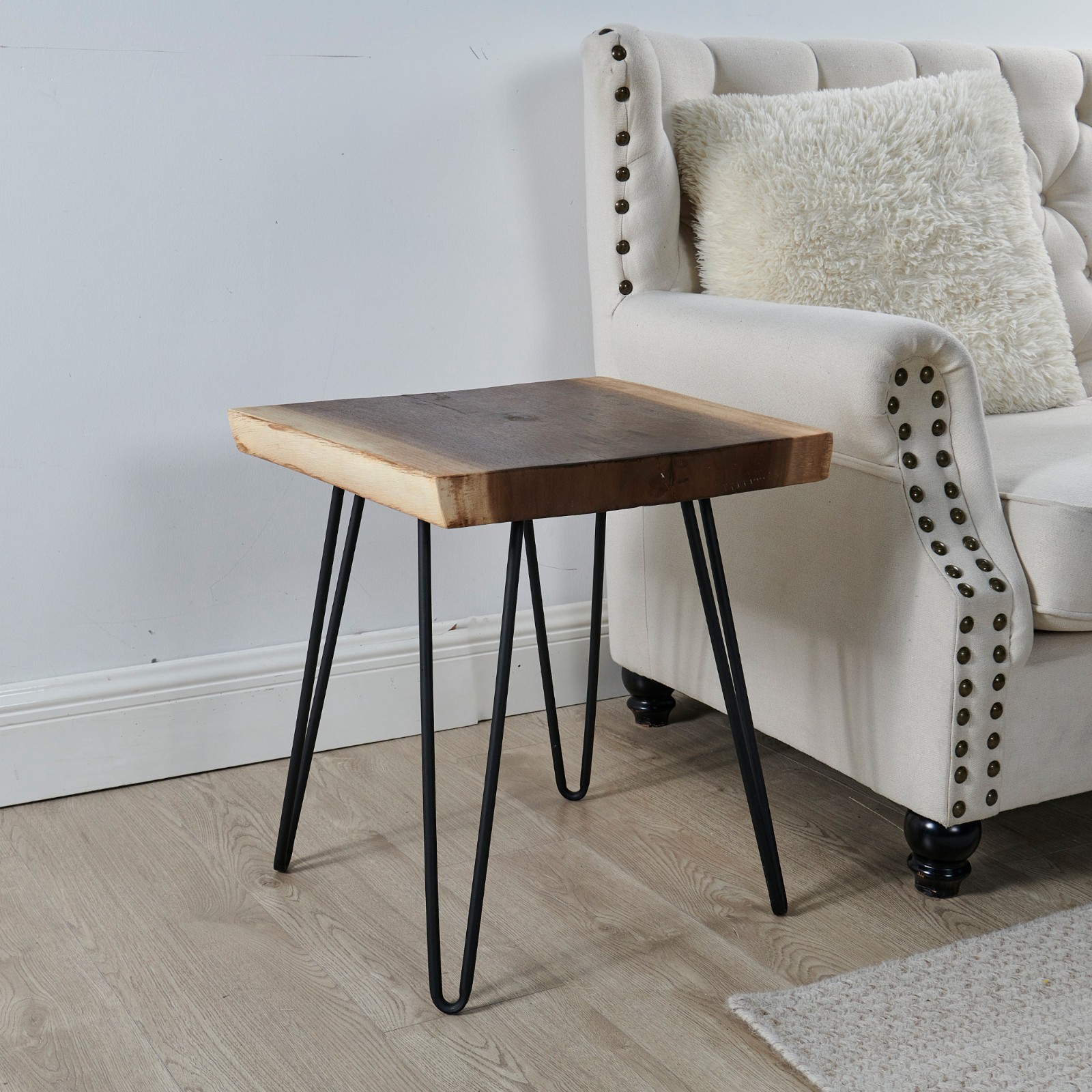 Natural Teak Wood Square End Side Table with Hairpin Legs 20.9″ H Home Decor