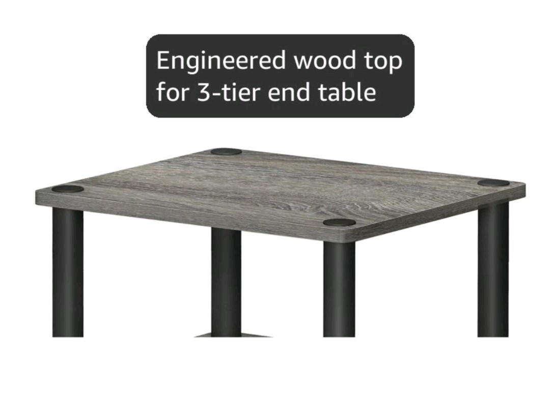 3-Tier End Table (2 Table Set) French Oak Gray Wood & Black PVC Poles 22.8″ Tall