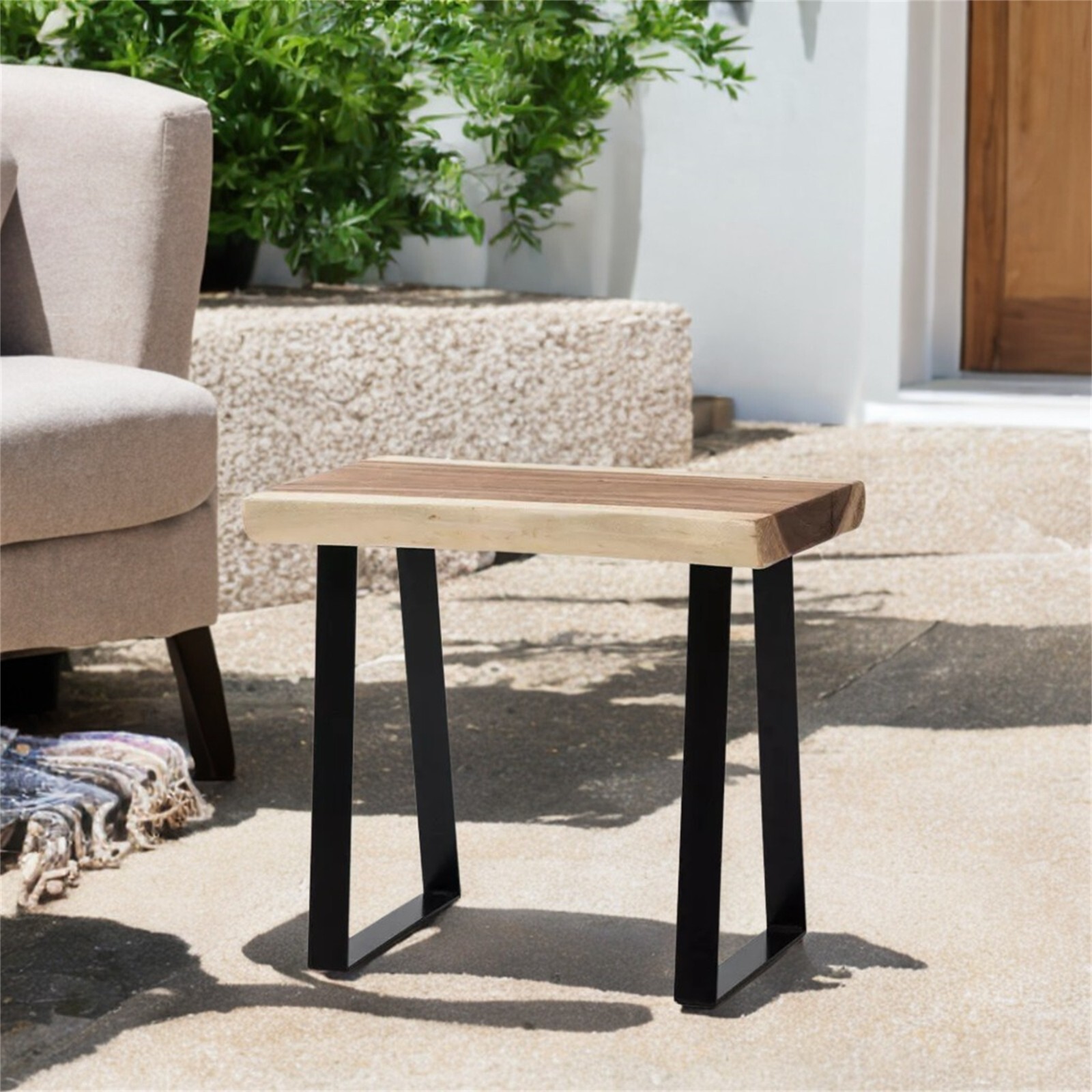 Natural Solid Wood Rectangle Bench Coffee Side Table with Metal Legs Rustic