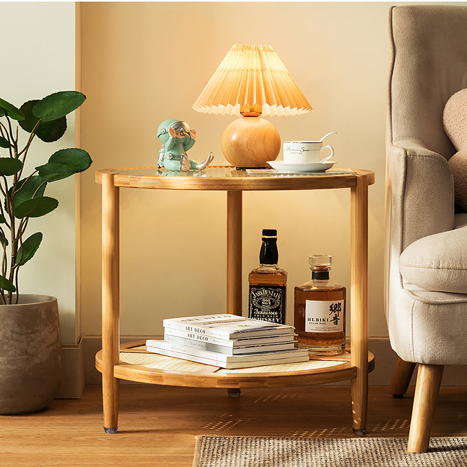 Round Coffee Table,Wood Living Room Table 2 Tiers Indoor End Table Free Standing