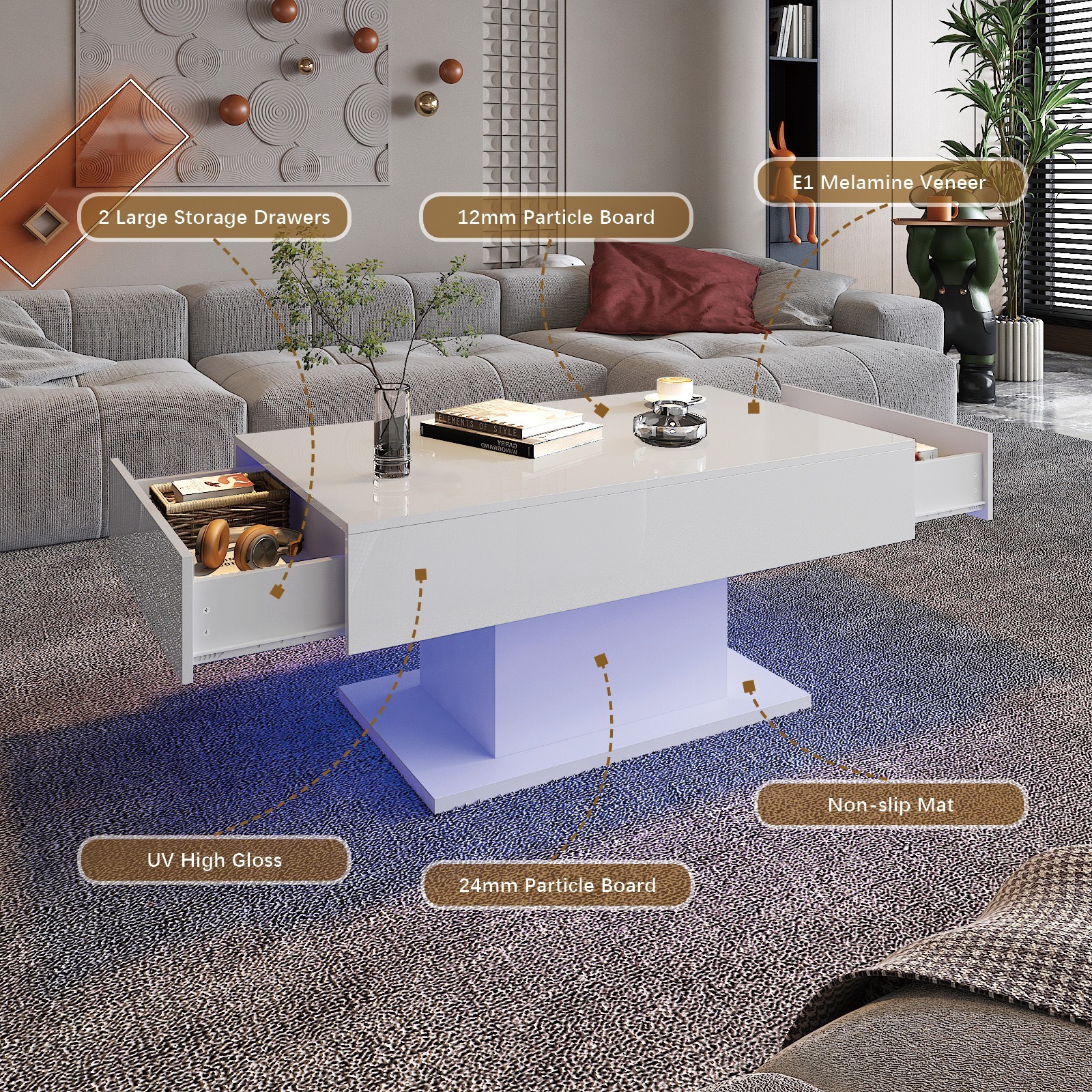 High Glossy Led Coffee Table with 2 Storage Drawers for Living Room Center Table