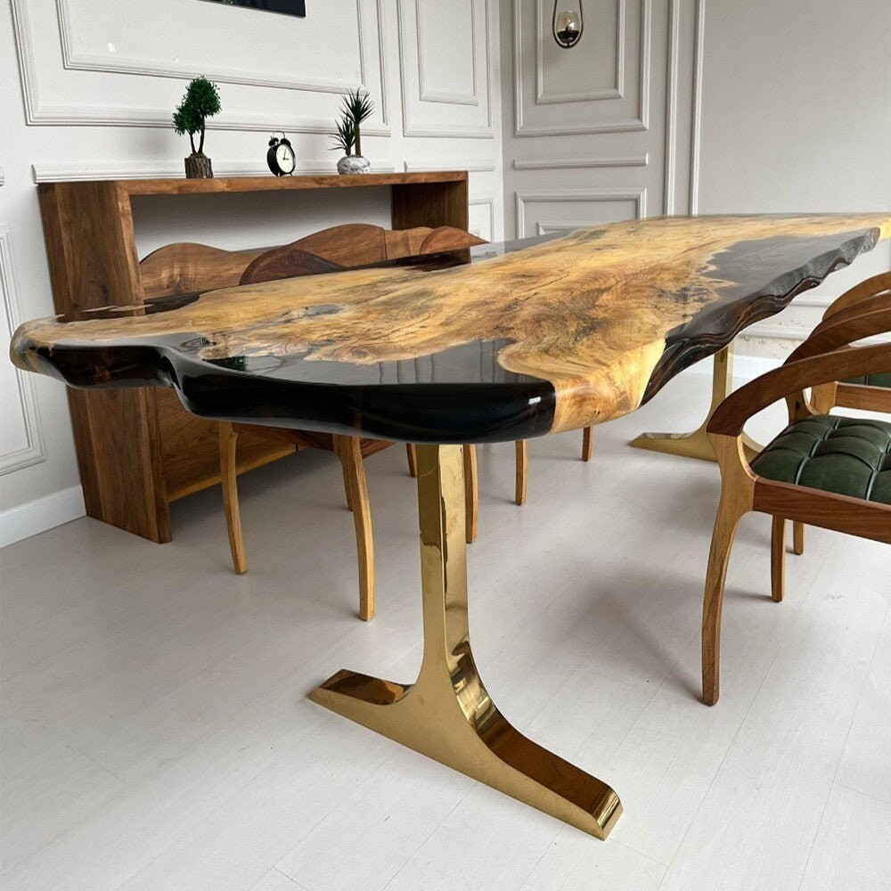Solid Walnut Epoxy River Table Black Resin Luxury Dining Desk Live Edge Walnut