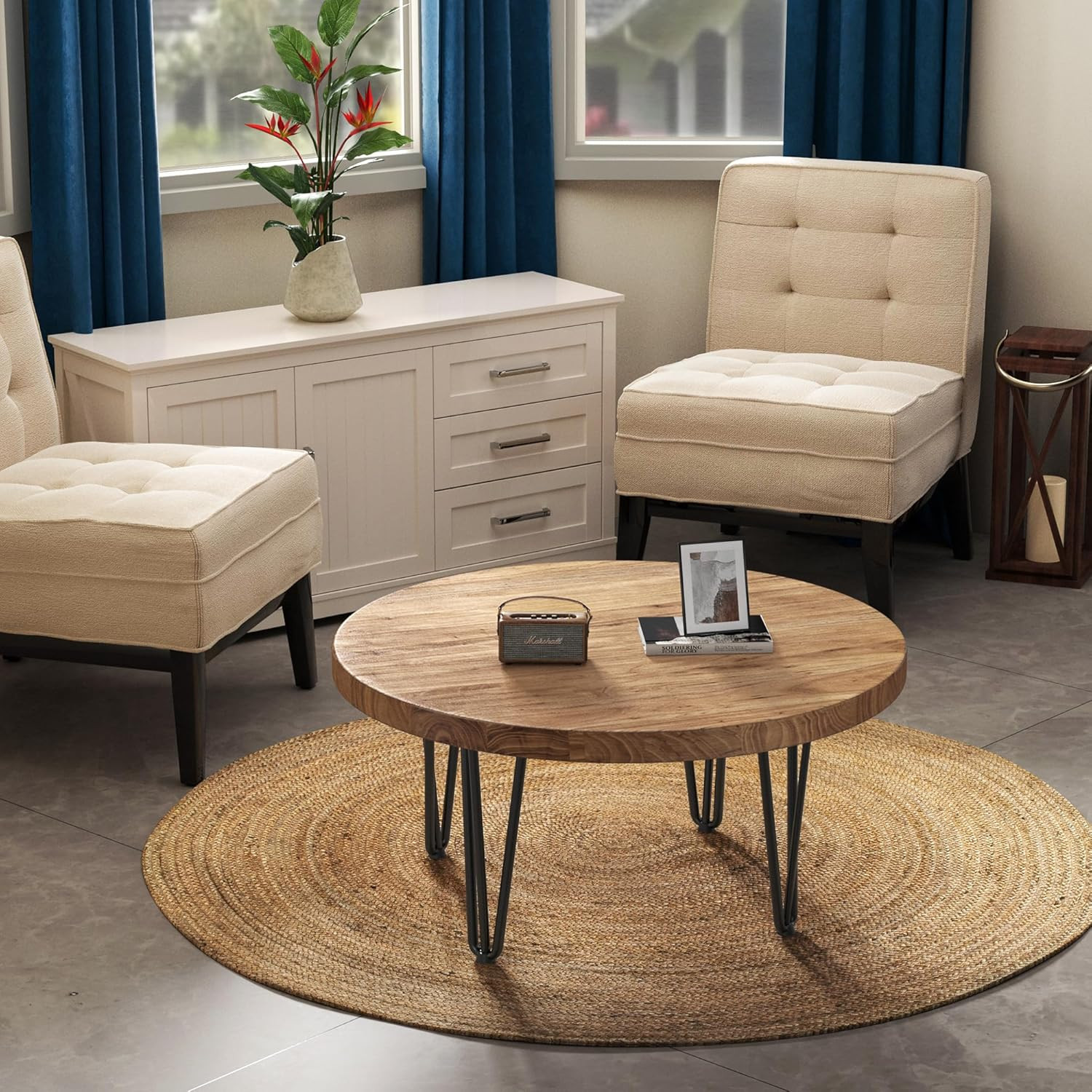 Rustic Round Coffee Table with Metal Legs – Solid Elm Wood, Farmhouse Style