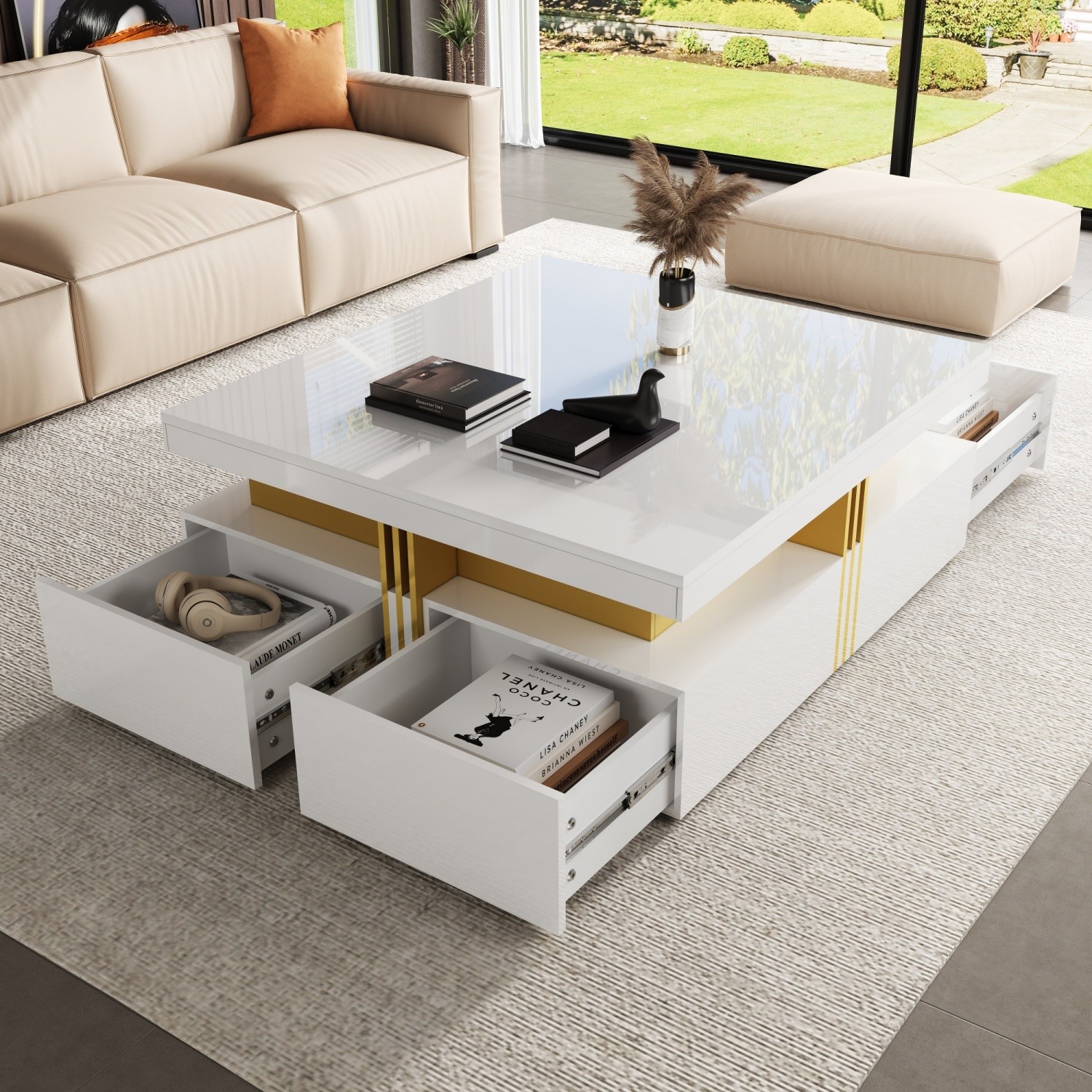 Modern Glossy Square Coffee Table End Table w/ 4 Storage Drawers for Living Room
