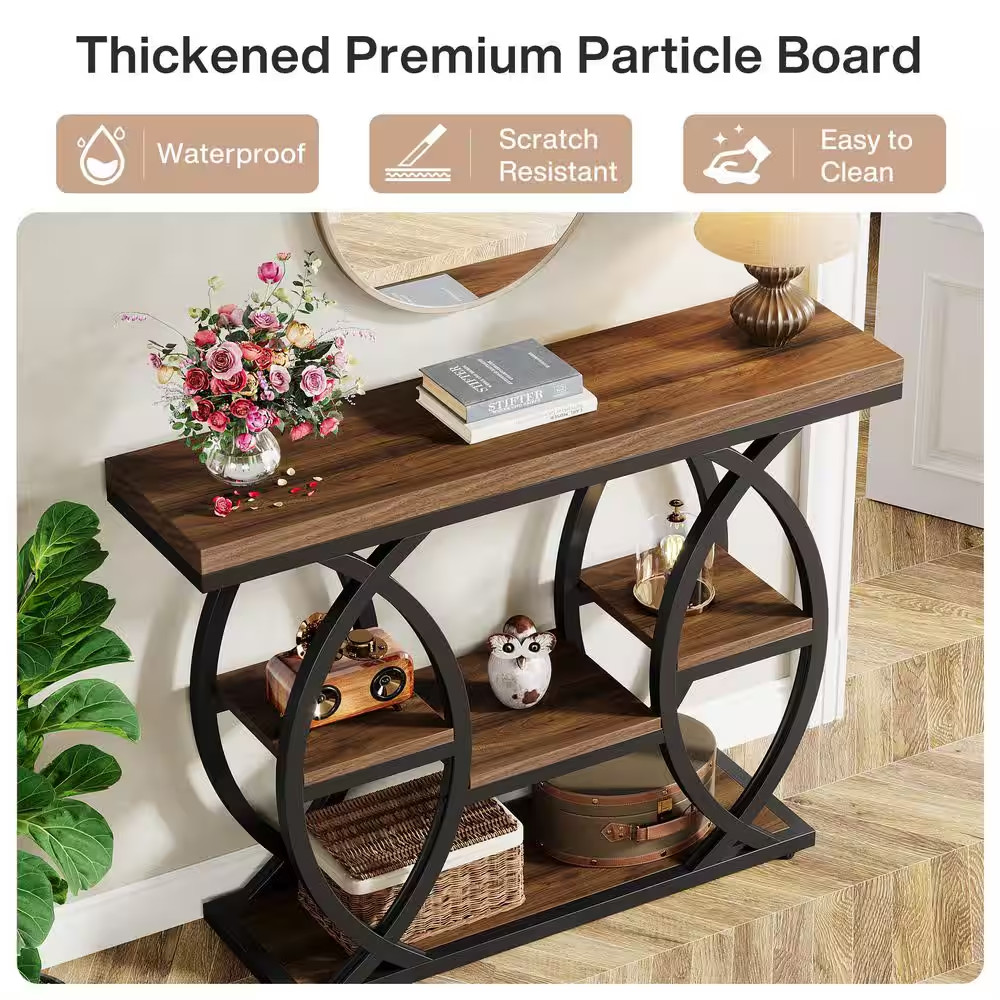 Turrella 39 In. Rustic Brown Rectangle Wood Console Table with Display Shelves,