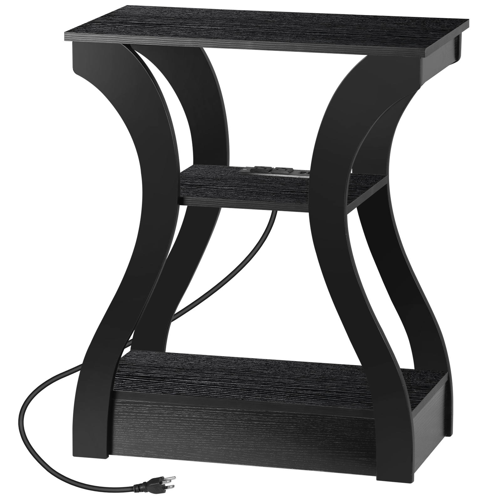 End Table 3 Tier Accent Sofa Table w/Curved Legs Shelf & Charging Station Black
