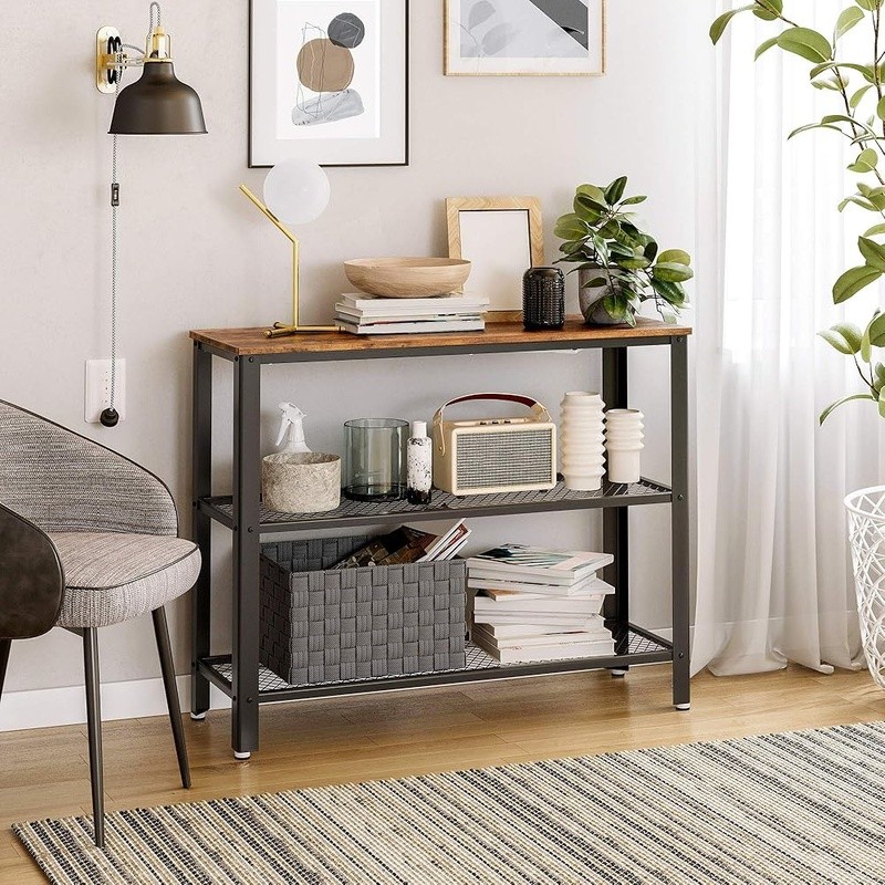 Rustic Console Table W/ Mesh Shelves Hallway Living Room Bedroom Storage New