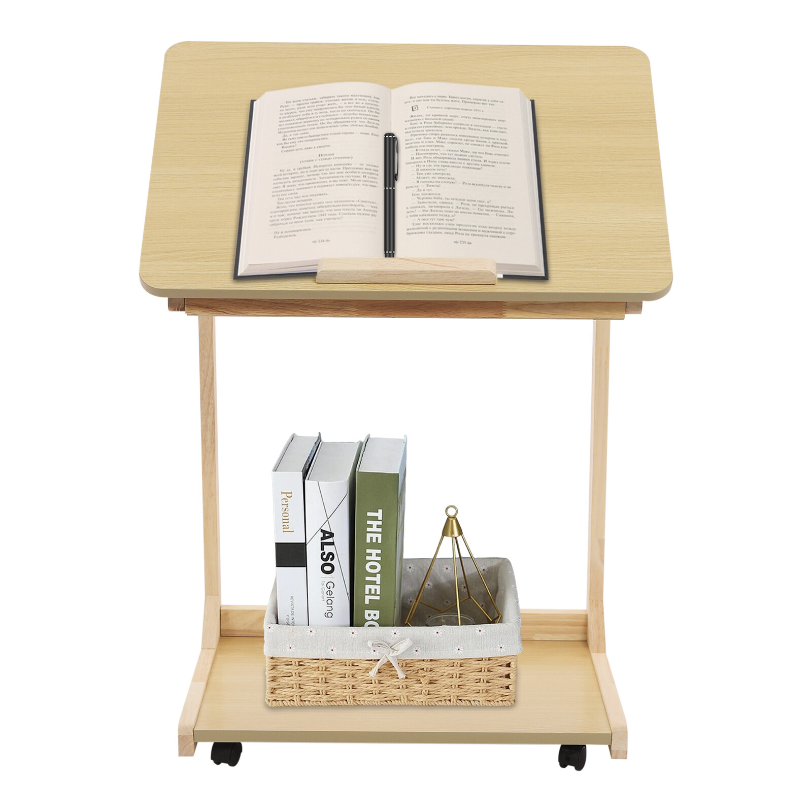 2 Tiers 23.62*15.75*24.8in MDF& Solid Wood C Shaped End Table With 4 Wheels