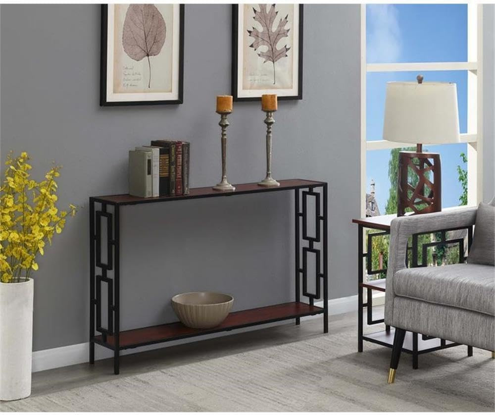 Stylish Cherry & Black Metal Frame Console Table with Shelf for Any Room