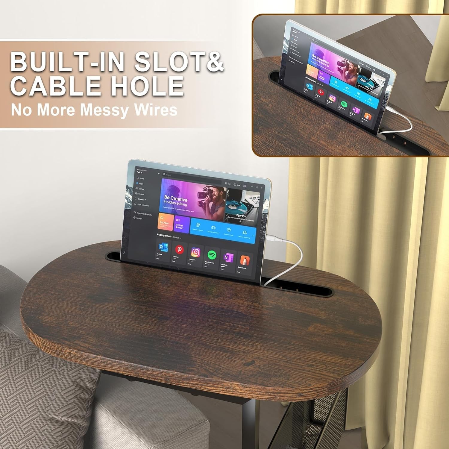 TV Tray Table with Storage Baskets Adjustable Height Couch Side End Table