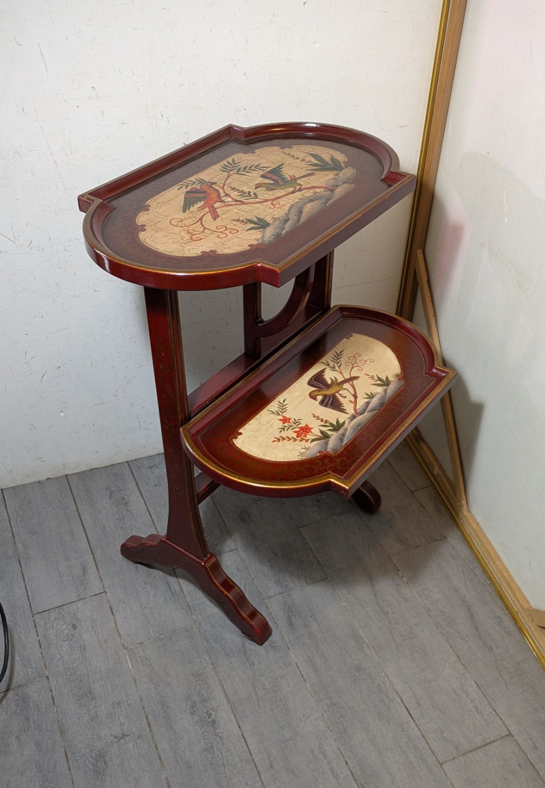 Vintage Asian Chinoiserie Folding Butler Tray Table Hand Painted Birds Red/Gold