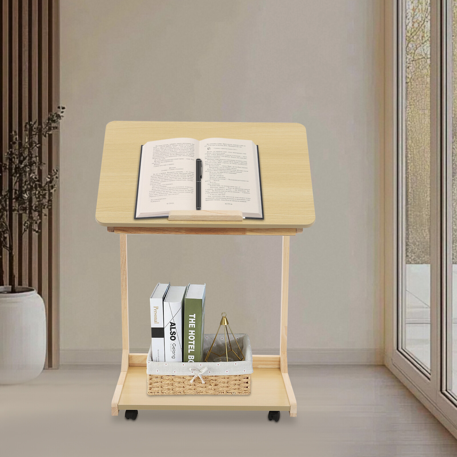 2 Tiers 23.62*15.75*24.8in MDF& Solid Wood C Shaped End Table With 4 Wheels