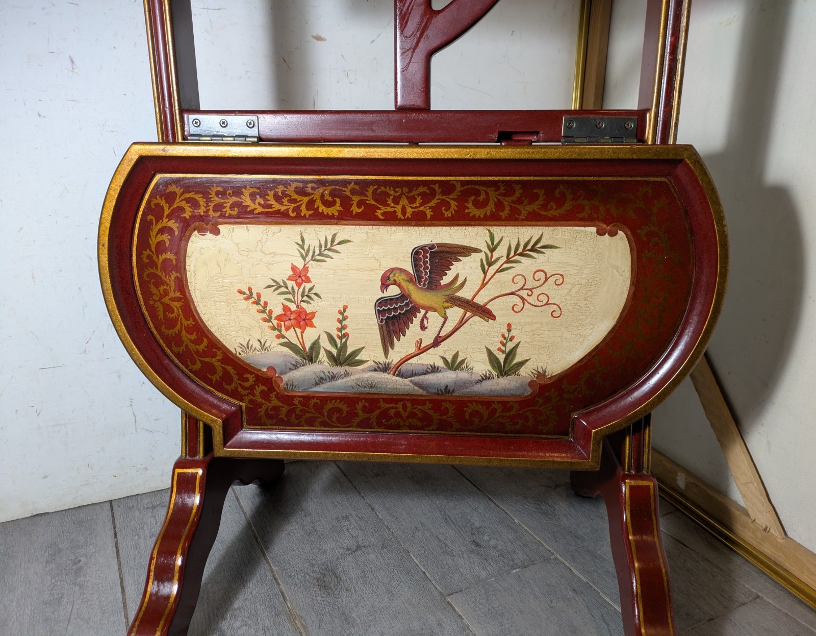 Vintage Asian Chinoiserie Folding Butler Tray Table Hand Painted Birds Red/Gold