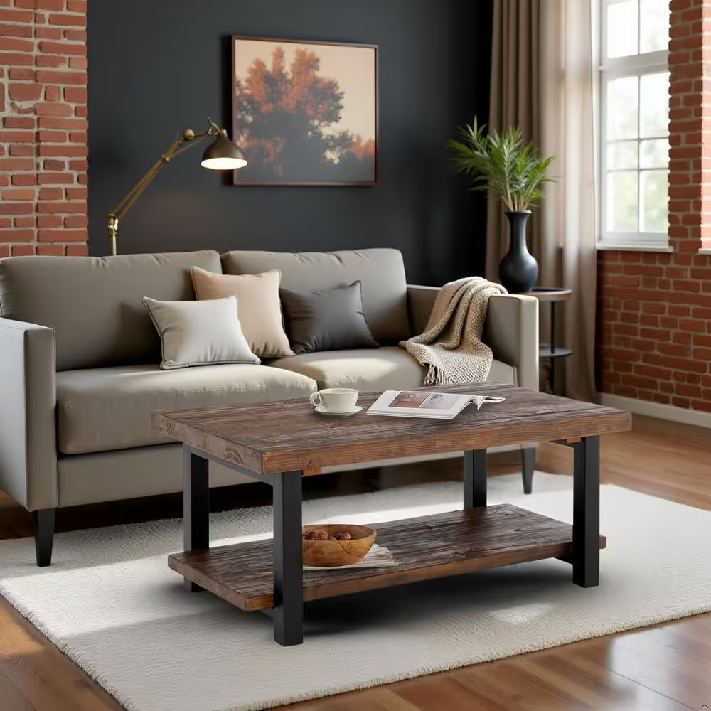 Pomona 42 In. Rustic/Natural Rectangle Wood Top Coffee Table with Shelf