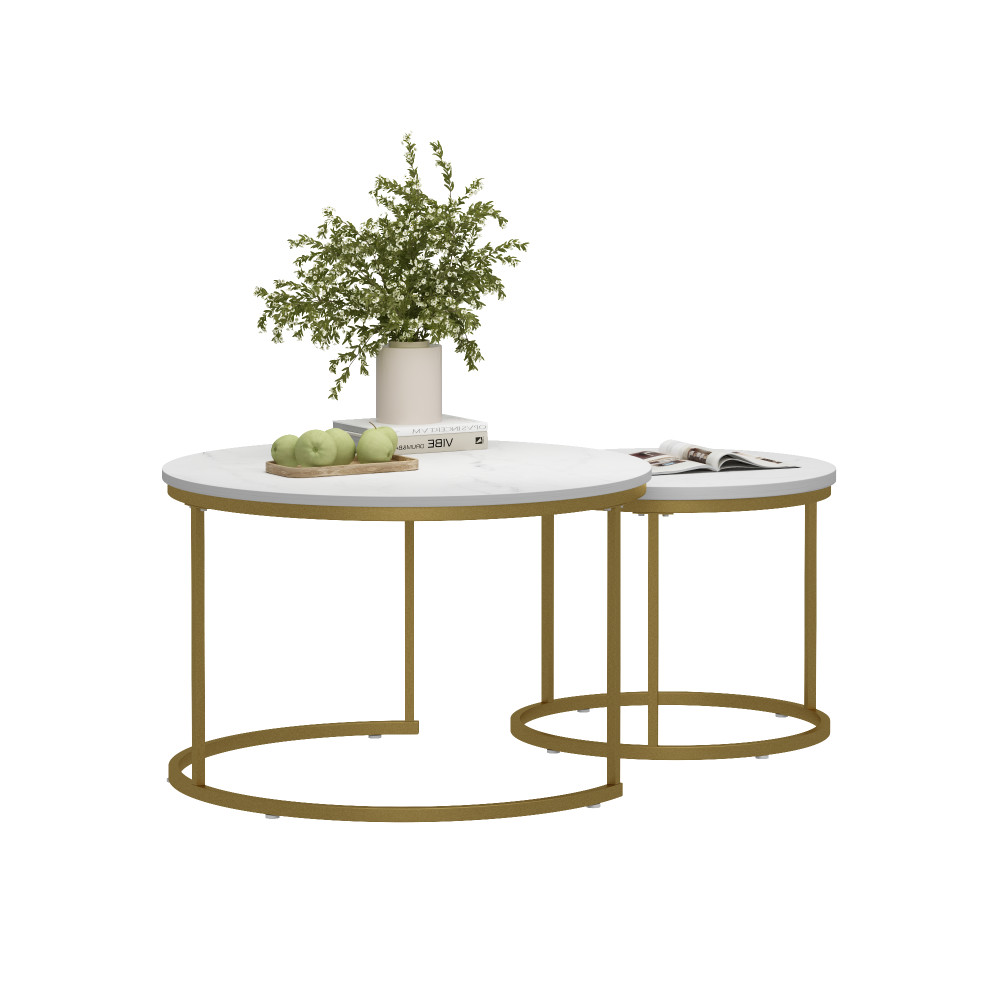 Nesting Coffee Table Set of 2, Round Marble Top with Metal Frame, White