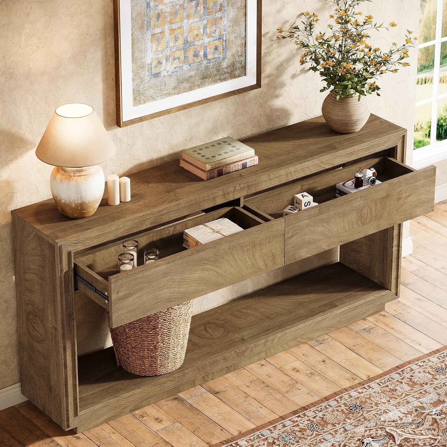 63″ Farmhouse Wooden Console Table with 2 Drawers & Storage Shelf for Entryway