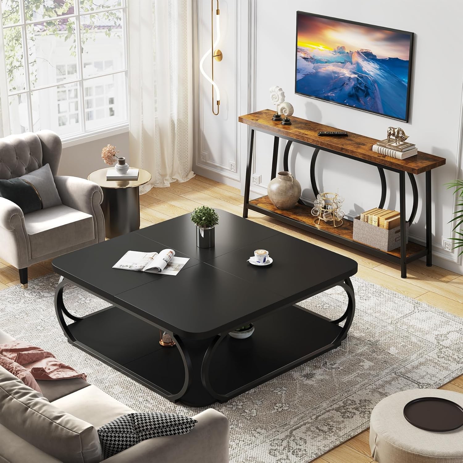 39″ Square Coffee Table with Open Storage Shelf, 2 Tier Large Wood Center Table