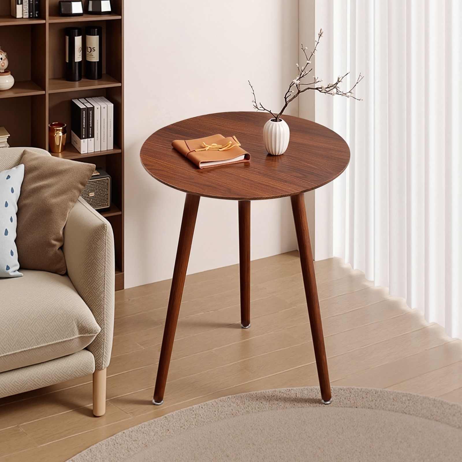 Round Walnut Mid Century Modern Side Table for Living Room Bedroom