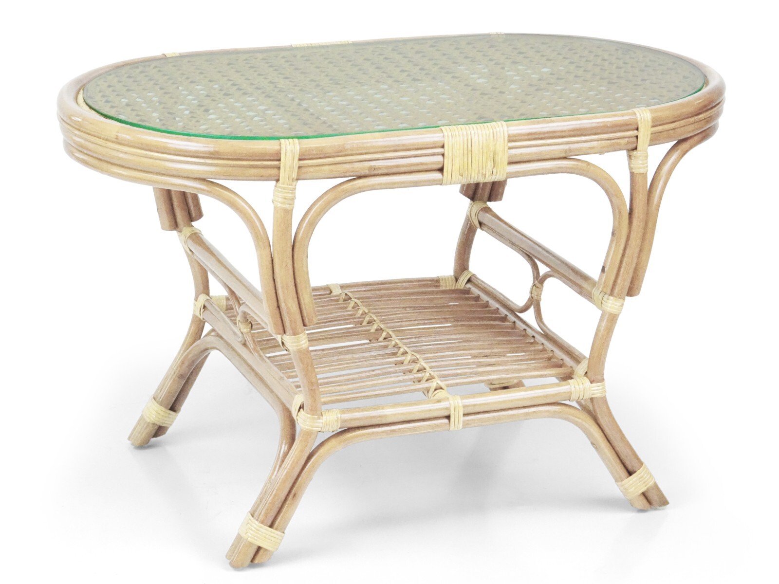 Coffee Oval Table with Glass Top Pelangi Wicker Natural Rattan Handmade, Natural