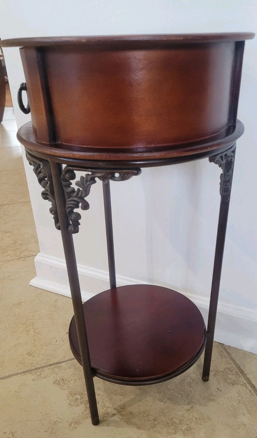 Vintage Wrought Iron & Wood Pedestal Drum Table Plant Stand Regency Ornate