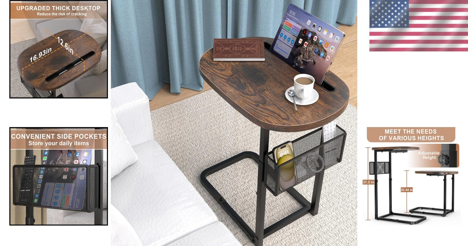 TV Tray Table with Storage Baskets Adjustable Height Couch Side End Table