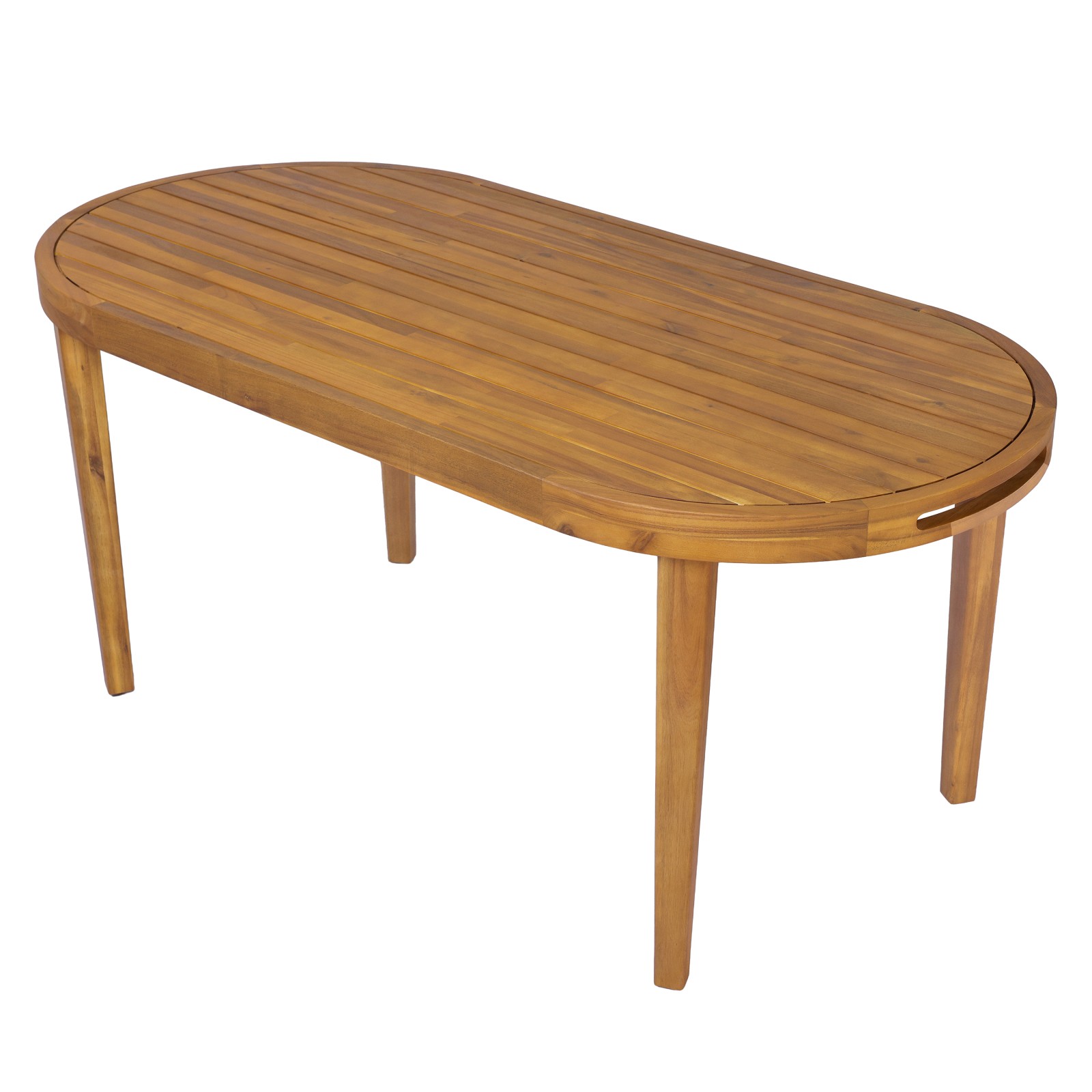 70″ Oval Acacia Wood Outdoor Dining Table with Slatted Top, Teak Finish