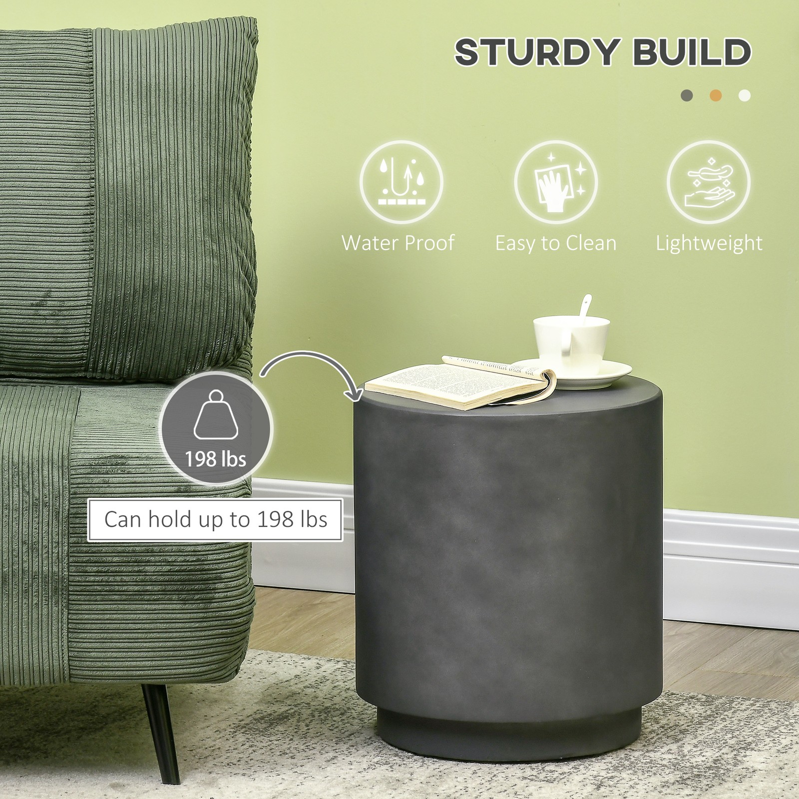 Lightweight Accent Table with Concrete Finish Round Side Table, Dark Gray
