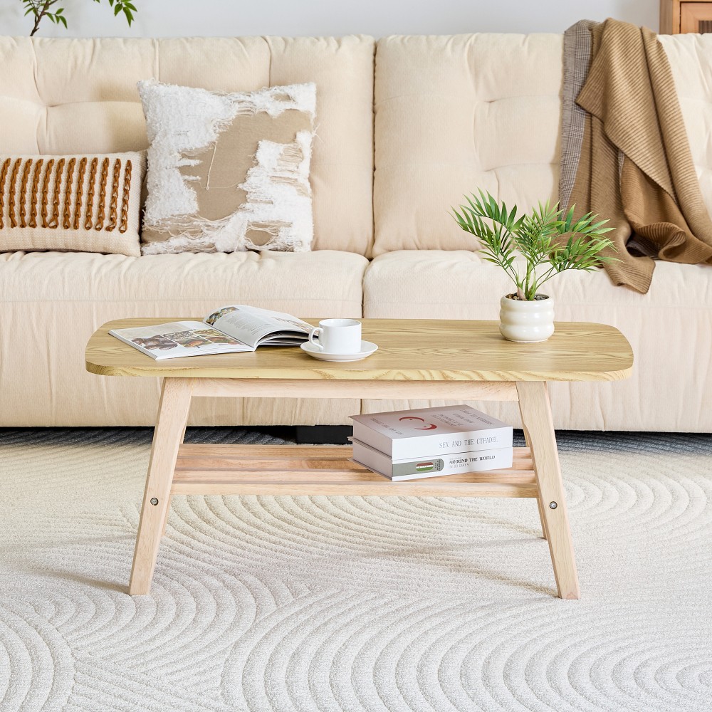 39 in solid wood coffee table – double-layer storage wooden center coffee table