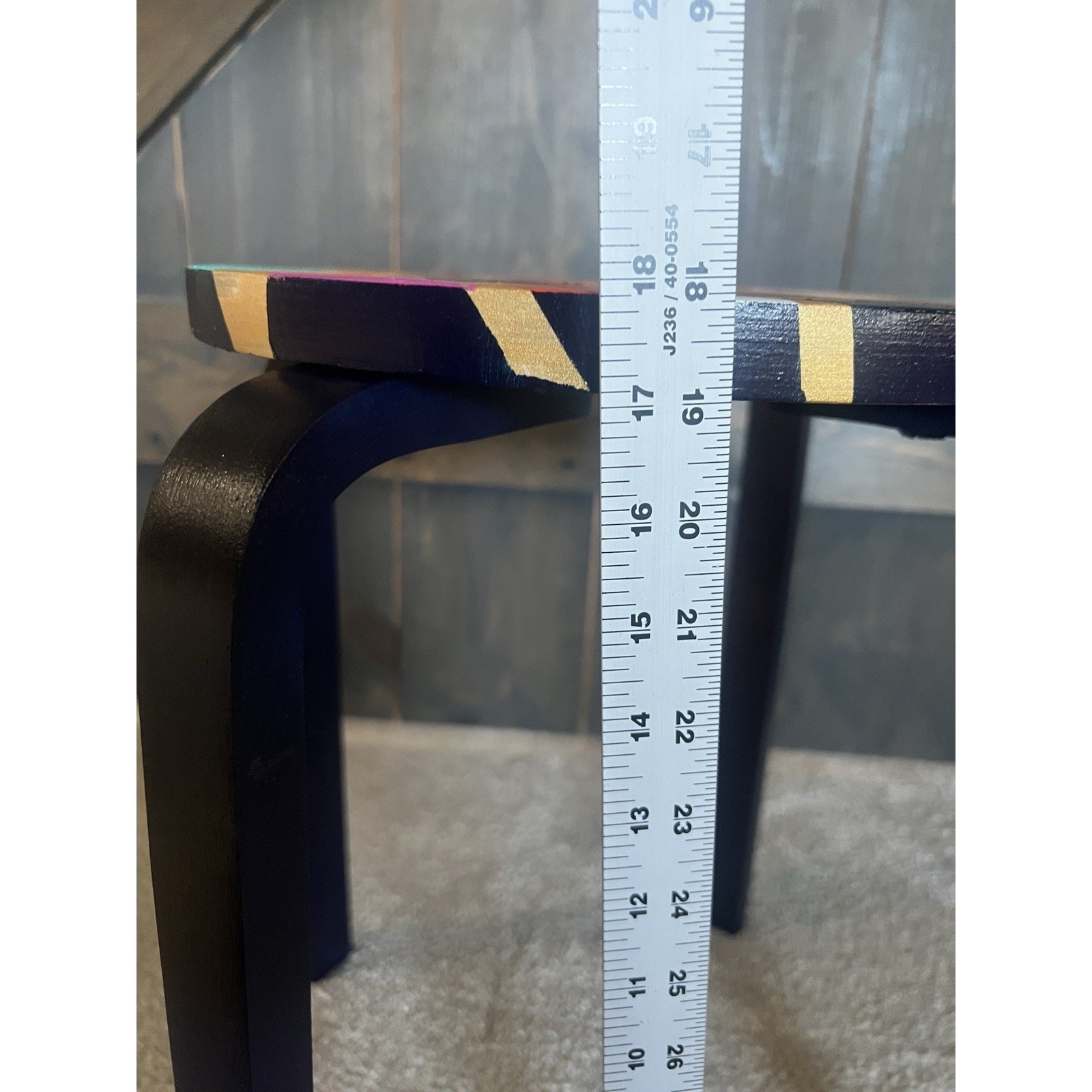Hand-Painted Side Table Unique Colorful Navy Blue Legs Gold Geometric Boho