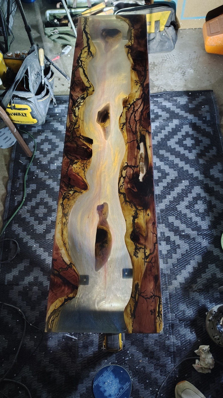 Red Cedar Epoxy Translucent River Table With Electricity Fracked Accents